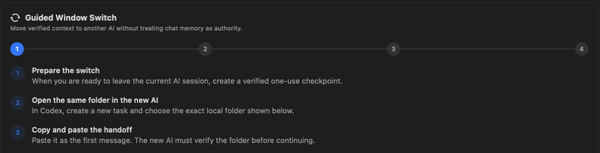 Offmodel macOS app showing the Guided Window Switch workflow